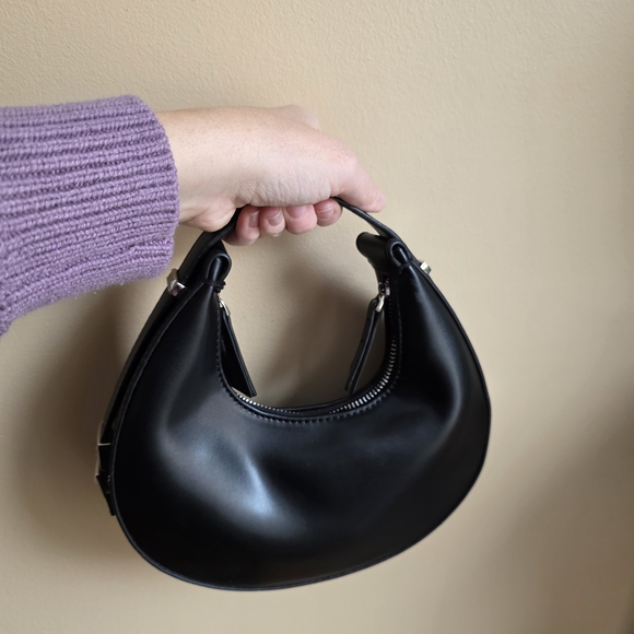 NWOT Black Faux Leather Crescent Moon Mini Hobo Style Bag - Picture 3 of 7